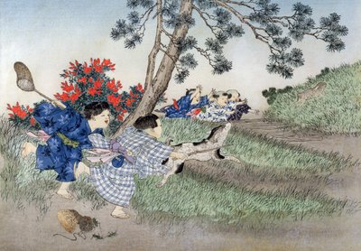 从1888年的儿童游戏系列中追逐兔子（彩色木刻） 作者 小林英策